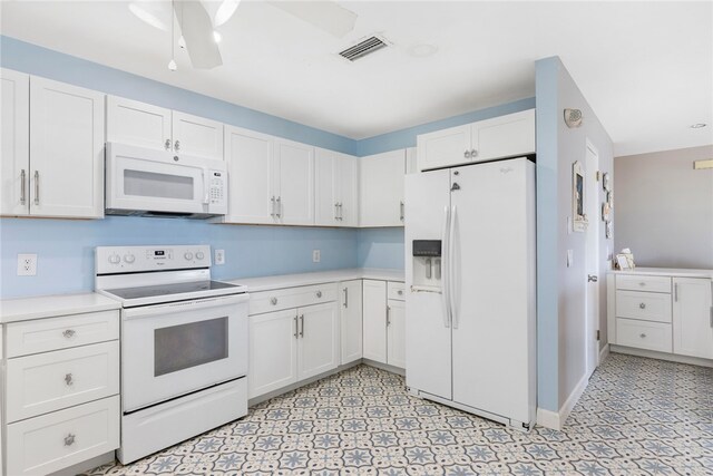 kitchen with white cabinetry, ceiling fan, and white appliances