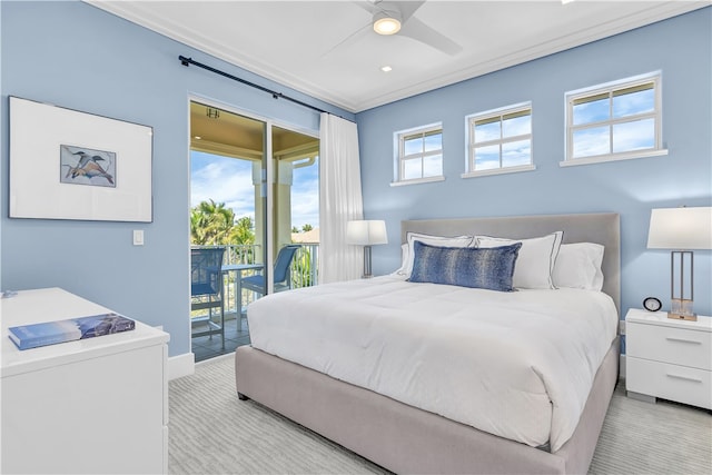 carpeted bedroom with ceiling fan, multiple windows, and access to outside