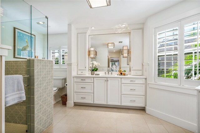 bathroom featuring a wealth of natural light, a shower with shower door, vanity, and toilet