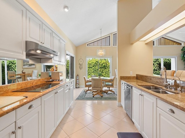 kitchen featuring vaulted ceiling, sink, dishwasher, white cabinets, and hanging light fixtures