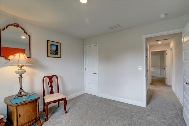 sitting room with visible vents, baseboards, carpet flooring, and recessed lighting