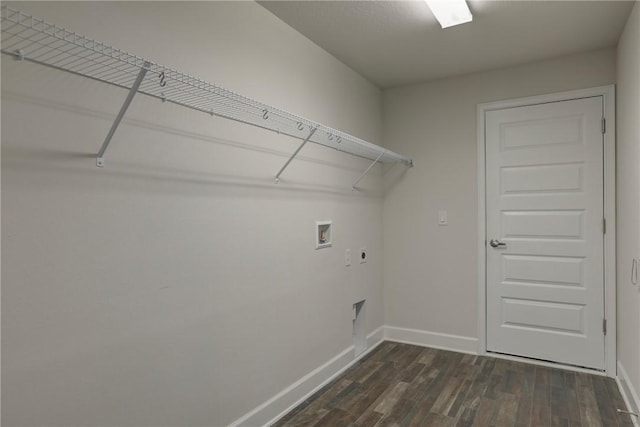 clothes washing area with dark wood-style floors, hookup for an electric dryer, baseboards, washer hookup, and laundry area