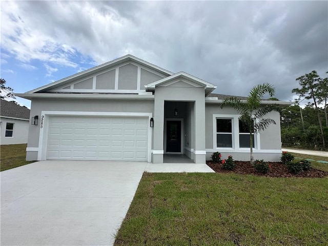 single story home featuring a garage, a front lawn, stucco siding, and driveway