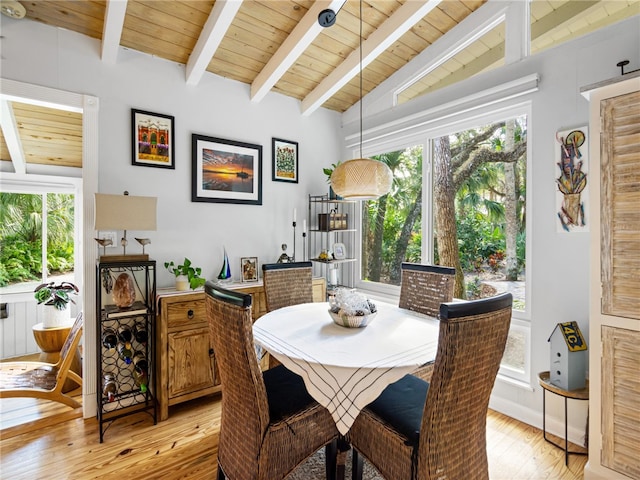 dining area featuring vaulted ceiling with beams, light hardwood / wood-style flooring, and wood ceiling