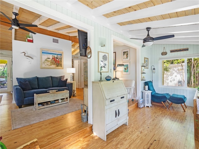 interior space with vaulted ceiling with beams, ceiling fan, wooden ceiling, and light wood-type flooring