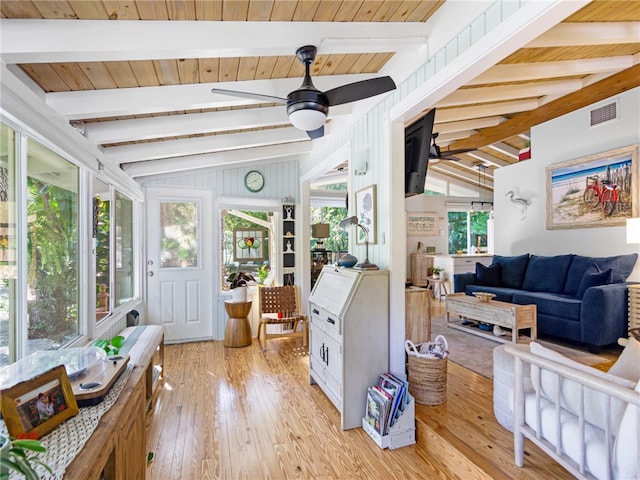 sunroom / solarium featuring vaulted ceiling with beams, ceiling fan, and wooden ceiling