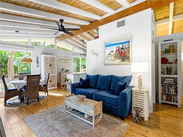 living room with vaulted ceiling with beams, light hardwood / wood-style floors, ceiling fan, and wooden ceiling