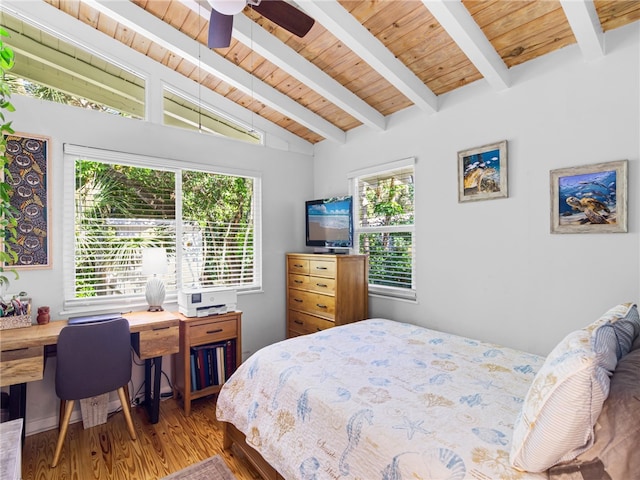 bedroom featuring vaulted ceiling with beams, ceiling fan, wooden ceiling, and multiple windows