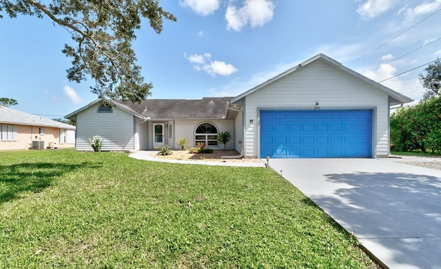 ranch-style house with a front lawn, a garage, and cooling unit