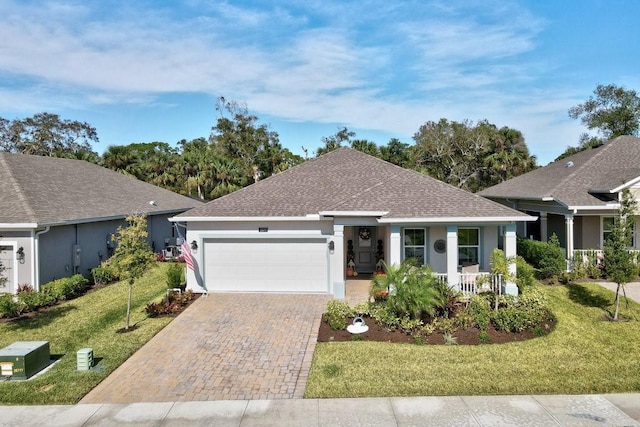 ranch-style home featuring a front lawn, decorative driveway, an attached garage, and stucco siding