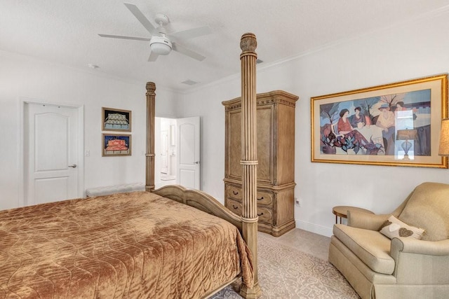 bedroom with crown molding, baseboards, and ceiling fan