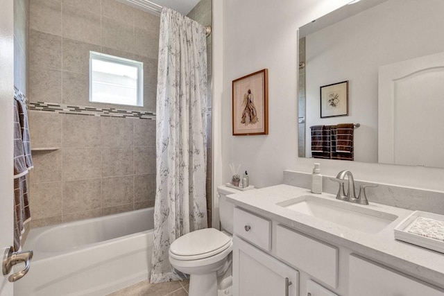 full bath featuring vanity, toilet, shower / tub combo with curtain, and tile patterned flooring