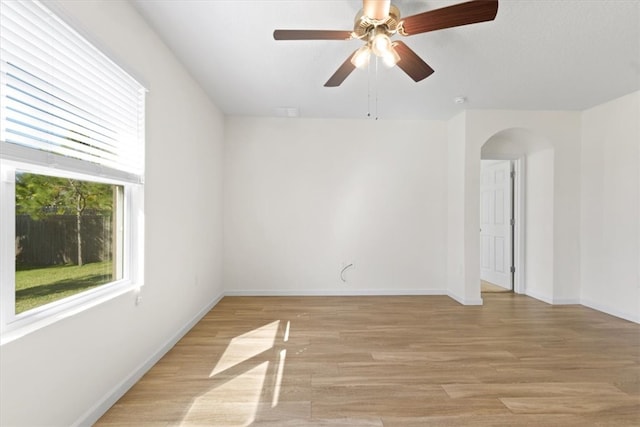 empty room with ceiling fan and light hardwood / wood-style flooring