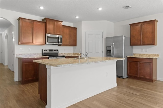 kitchen featuring sink, light wood-type flooring, stainless steel appliances, and a kitchen island with sink