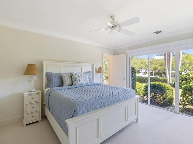 bedroom featuring visible vents, light colored carpet, ceiling fan, access to exterior, and crown molding