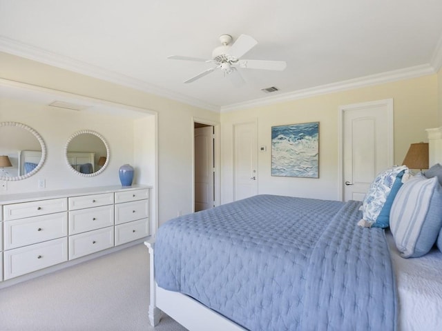 bedroom featuring ornamental molding, visible vents, ceiling fan, and light carpet