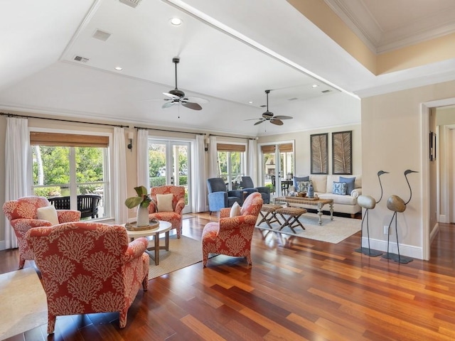 living area featuring baseboards, visible vents, ornamental molding, dark wood-type flooring, and french doors