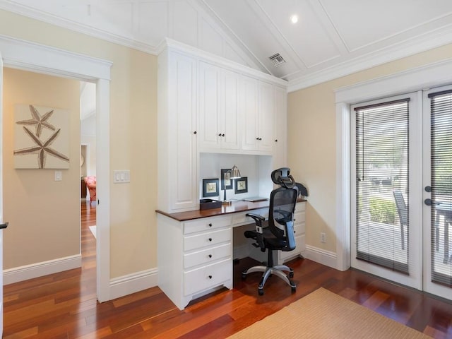 home office featuring vaulted ceiling, dark wood-style floors, visible vents, and baseboards