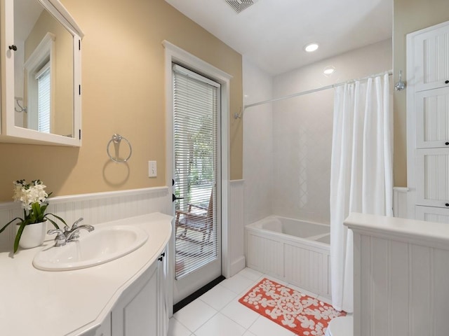 full bathroom featuring recessed lighting, visible vents, shower / bath combo, vanity, and tile patterned floors