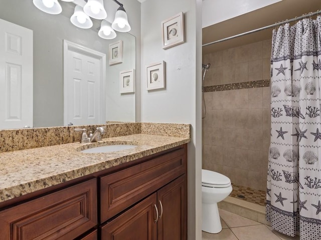 bathroom with walk in shower, vanity, toilet, and tile patterned flooring