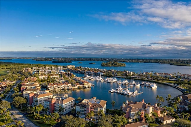 drone / aerial view with a water view