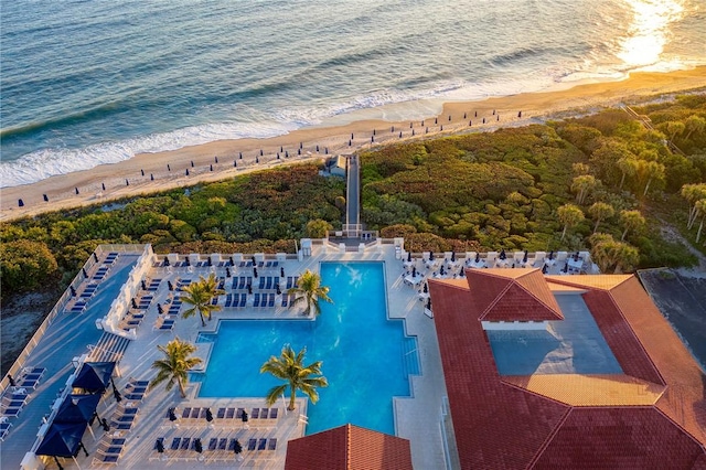 view of swimming pool with a water view and a view of the beach