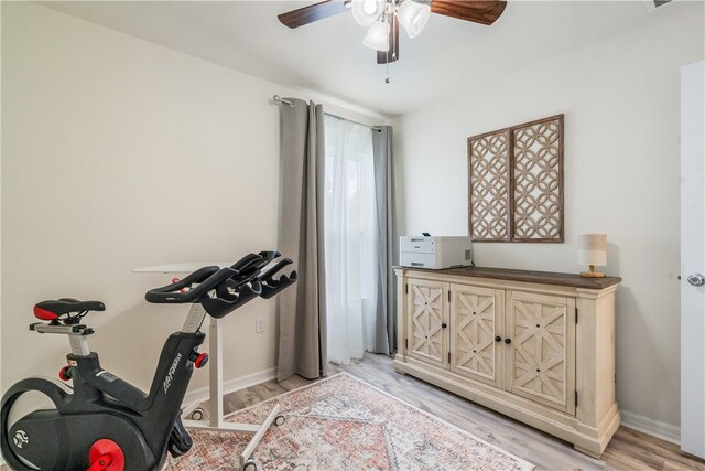 workout room featuring ceiling fan and light wood-type flooring