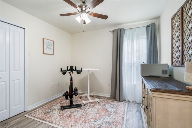 exercise room featuring ceiling fan and light hardwood / wood-style flooring