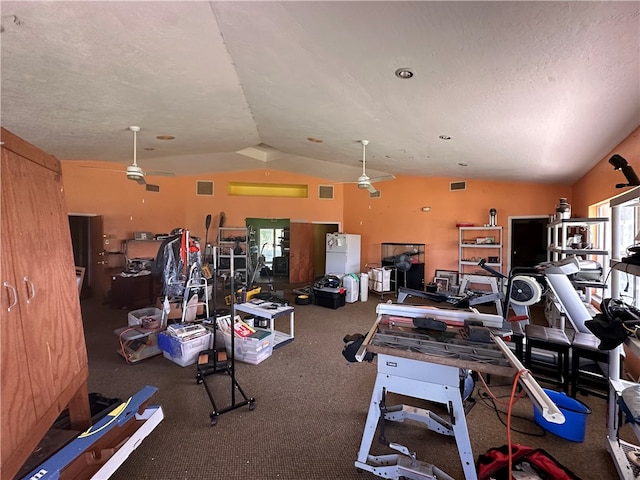 workout area with ceiling fan, a textured ceiling, vaulted ceiling, and carpet