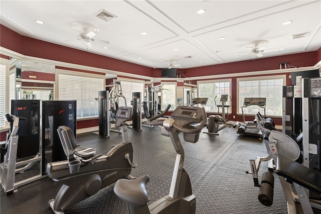 gym featuring ceiling fan