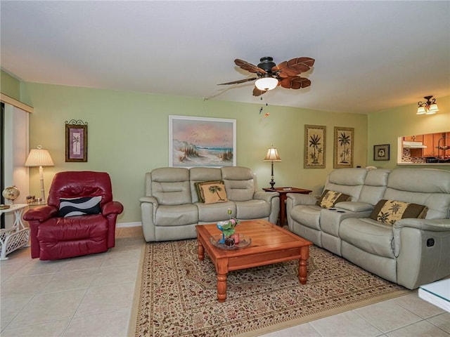 living room with light tile patterned floors and ceiling fan