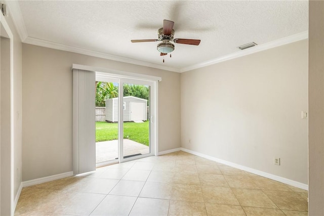 226 21st Ave, Vero Beach, FL 32962 - unfurnished room featuring ceiling fan, crown molding, a textured ceiling, light tile patterned floors, and baseboards