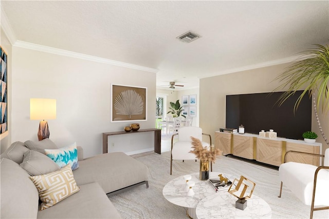 226 21st Ave, Vero Beach, FL 32962 - living room featuring crown molding, carpet floors, and ceiling fan