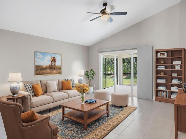 508 Calamondin Way SW, Vero Beach, FL 32968 - living room featuring ceiling fan, light tile patterned floors, and vaulted ceiling