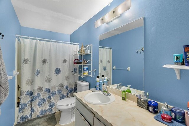 bathroom with vanity, curtained shower, and toilet