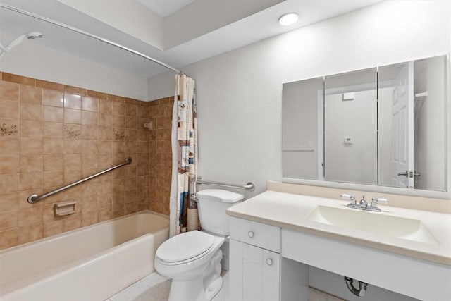 full bathroom with shower / tub combo, vanity, and toilet