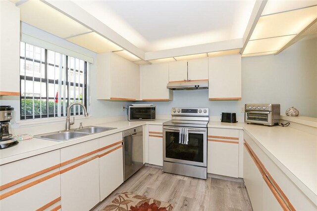 kitchen featuring stainless steel appliances, under cabinet range hood, a sink, light wood-style flooring, and light countertops