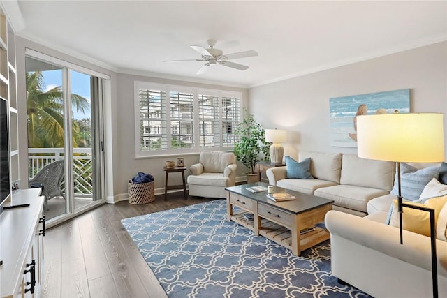940 Turtle Cove Ln Unit 207, Vero Beach, FL 32963 - living area featuring crown molding, plenty of natural light, ceiling fan, and wood finished floors