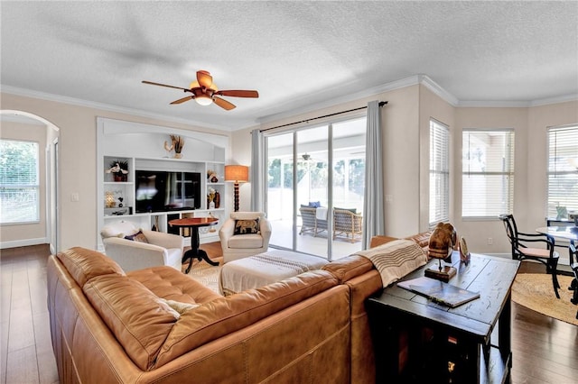 1337 Scarlet Oak Cir, Vero Beach, FL 32966 - living room featuring a textured ceiling, dark wood-type flooring, plenty of natural light, a ceiling fan, and crown molding