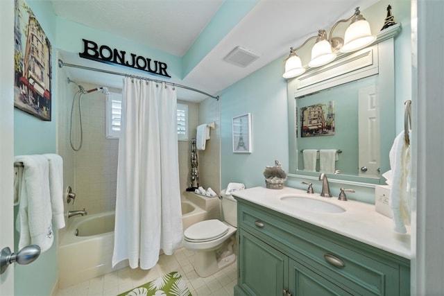 full bathroom with toilet, vanity, shower / bath combo with shower curtain, and tile patterned floors