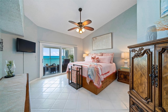 bedroom featuring light tile patterned flooring, lofted ceiling, ceiling fan, and access to exterior