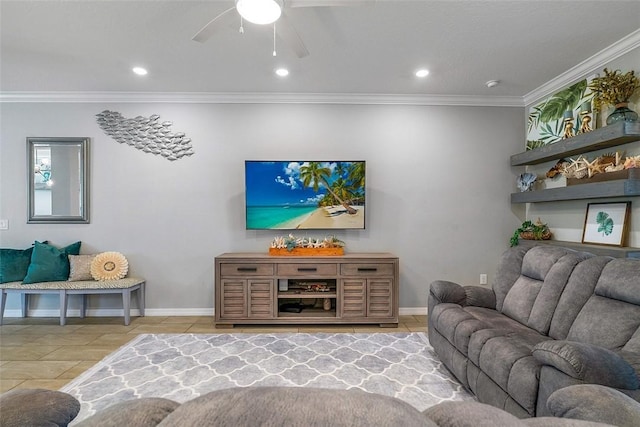 living area featuring baseboards, ornamental molding, and recessed lighting