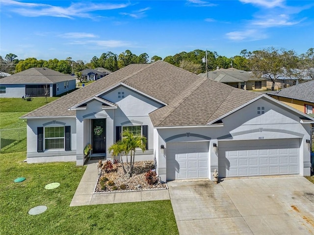 single story home featuring a garage, stucco siding, a residential view, and roof with shingles