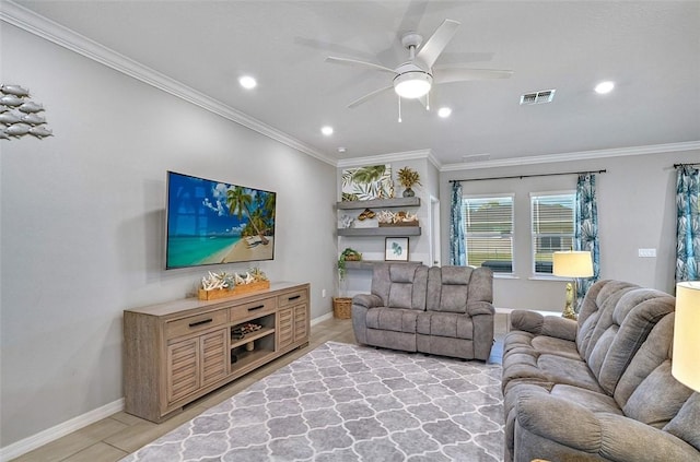 living room featuring recessed lighting, visible vents, ornamental molding, ceiling fan, and baseboards