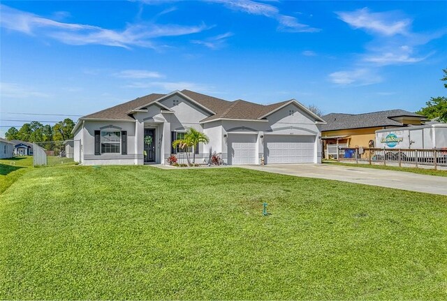 ranch-style home featuring driveway, an attached garage, fence, a front lawn, and stucco siding