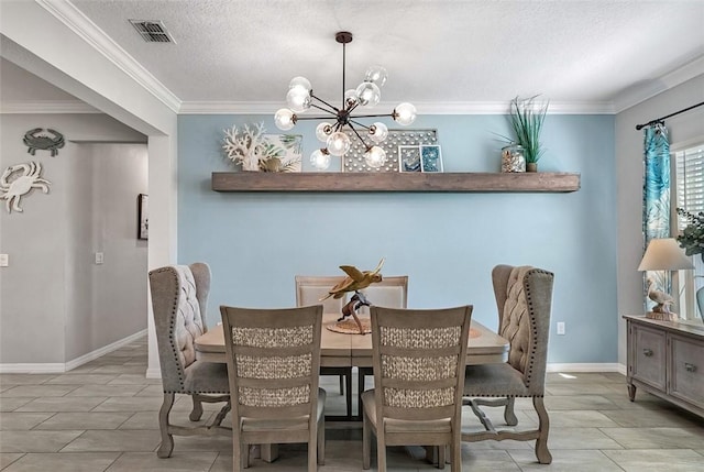 dining room featuring visible vents, an inviting chandelier, ornamental molding, a textured ceiling, and baseboards