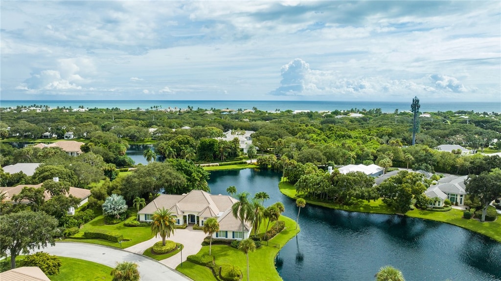 aerial view featuring a water view