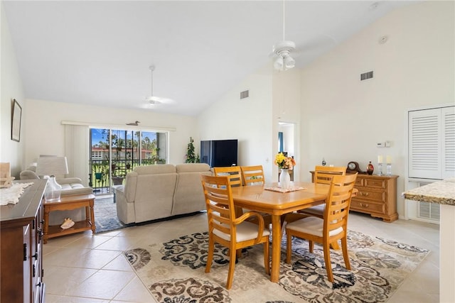 255 Grand Royale Cir Unit 204, Vero Beach, FL 32962 - dining space featuring high vaulted ceiling, light tile patterned flooring, and ceiling fan