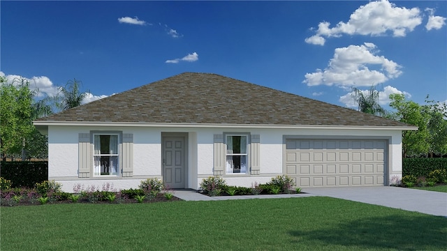 ranch-style home with stucco siding, a shingled roof, concrete driveway, a garage, and a front lawn