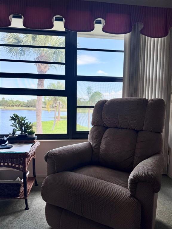 carpeted living area featuring plenty of natural light and a water view